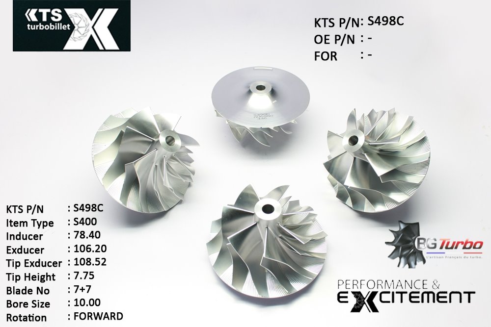 Turbo ROUE FORGÉE MFS PERFORMANCE - 7+7 PALES - INDUCER : 78,4 - EXDUCER : 106,2 - TYPE : S400ANGLE : 35° - ROTATION : Forward - SUPER BACK : 8,9 - BORE SIZE : 10
